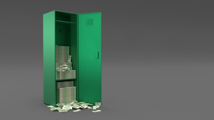 An open green locker overflows with stacks of cash, symbolizing wealth and financial abundance. © Suryani