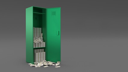 Stacks of money overflow from an open green locker. © Suryani