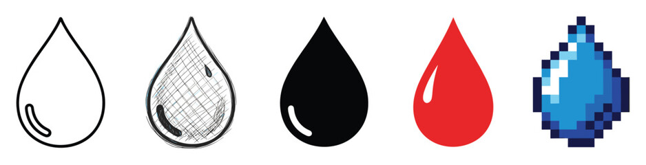Fototapeta premium Multiple droplet icons showcasing different visual styles perfect for modern medical or environmental graphics
