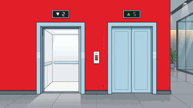 Modern office building elevators with red wall and gray floor