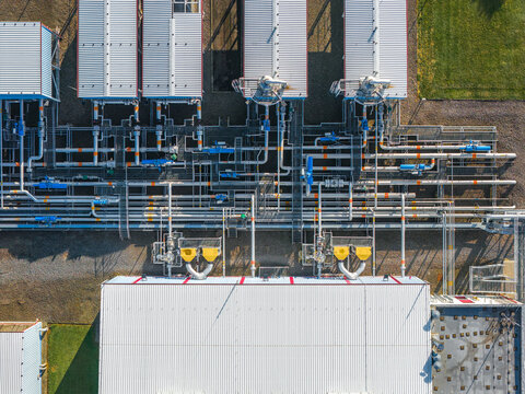 Aerial view of the UGS Damborice industrial facility with complex piping systems and metal structures in Damborice, South Moravian Region, Czechia.