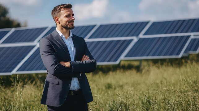 Business professional standing with arms crossed in front of solar farm on sunny day