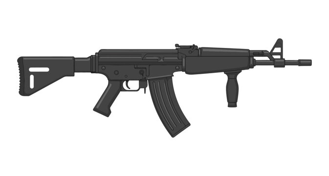 Modern black tactical assault rifle illustration featuring a vertical grip and adjustable stock for military themes.