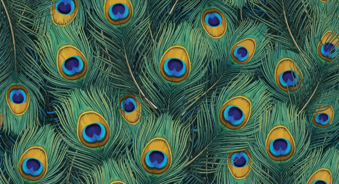 Peacock feathers colorful pattern blue eyespots green background