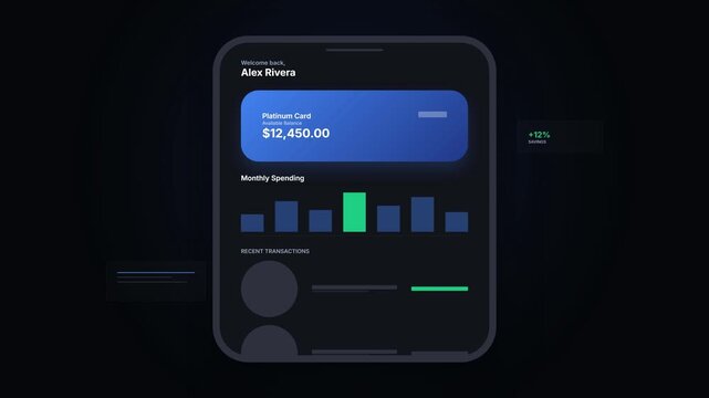 Mobile Banking App Interface Showing Financial Data and Charts.