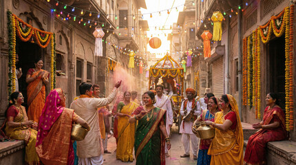 Fototapeta premium Ultra high definition traditional Indian festival celebration captured in soft golden hour lighting, featuring colorful lights, cultural elements, joyful mood