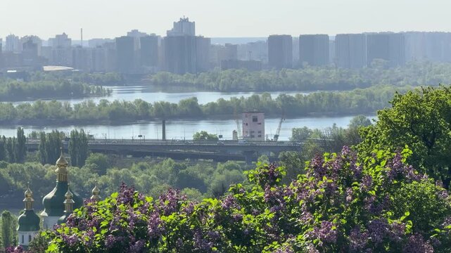 Kyiv city capital of Ukraine urban skyline in spring morning.