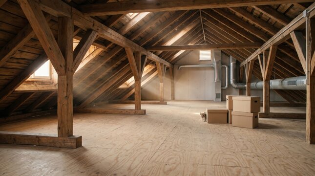 Empty wooden attic with skylight beams, ventilation ducts, cardboard boxes and small mouse on plywood floor, hantavirus transmission risk atmosphere