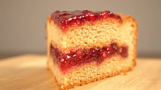 Close-up view of a delicious slice of layered sponge cake filled and topped with sweet red fruit jam or jelly, showcasing the texture of the homemade baked dessert.