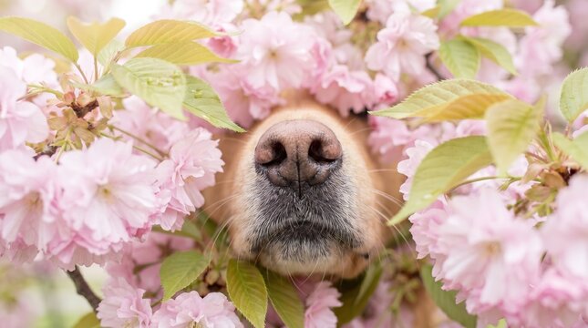 Extreme macro close-up of an adorable dog's wet nose playfully poking through delicate pastel spring flowers and fresh green leaves. Beautiful seasonal concept perfect for pet care and veterinary ads.