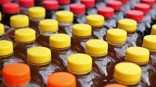 Bottles of drink lined up for sale in a market area