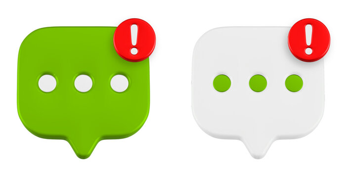 3D-rendered speech bubbles with warning badges