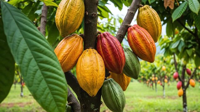Golden and crimson cocoa pods clustered closely beneath broad tropical leaves outdoors