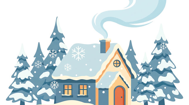 Winter scene with a cozy house and snow covered trees isolated on white background