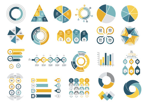 Collection of diverse data visualization elements and graphic components for presenting information including circular charts bar graphs step diagrams and organizational structures suitable for