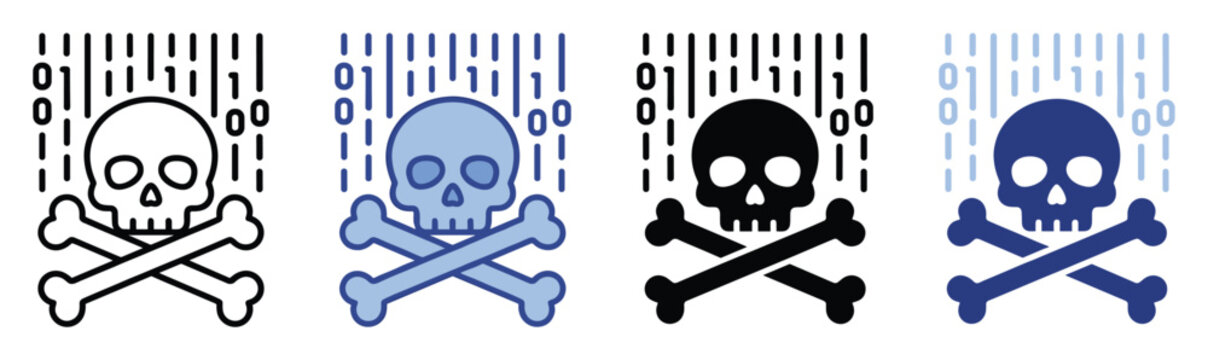 Skull crossbones and binary code icon for digital danger and cybersecurity warnings