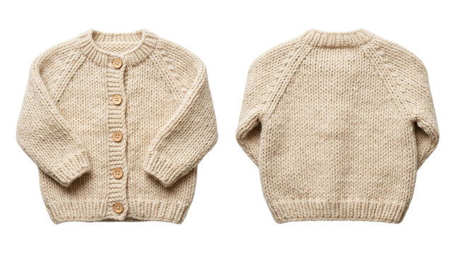 Front and back view of a soft light grey knitted baby cardigan with buttons for autumn and winter fashion clothing collection for infants and toddlers apparel design isolated on transparent background