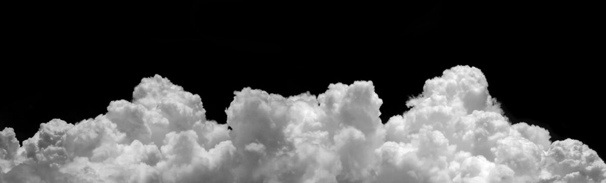 Dramatic white cumulus cloud formation isolated on black background with detailed texture and soft atmospheric volume. Perfect for weather, sky, climate, fantasy, cinematic, storm, and nature design