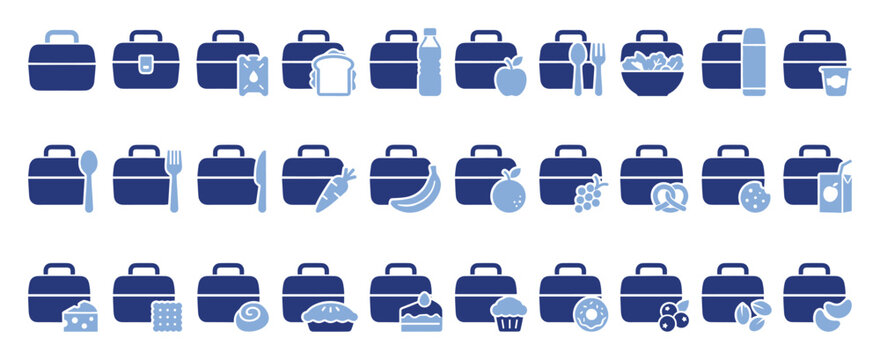 Collection of lunch box meal preparation icons for healthy school and office lunch graphics