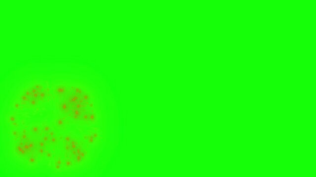 Colorful abstract fireworks explode on green screen background with confetti