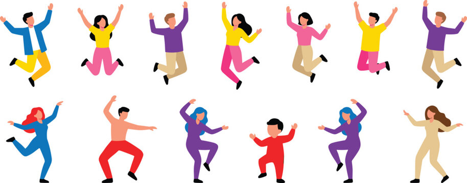 Colorful dancing figures illustration, joyful celebration artwork, diverse people jumping, happy family child, creative stylized community design