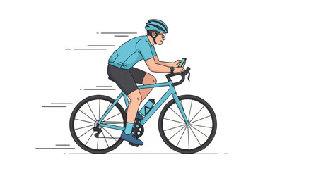 Fototapeta premium Side view vector illustration of a male cyclist in blue sportswear riding a road bicycle, checking a smartphone and wearing a smartwatch, isolated on white with speed lines.