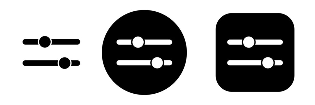 Filter slider icon set in button style with adjustment control symbols. Settings and customization icons for app and web interface, UI controls and filter tools