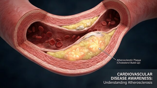 Cross Section of Human Artery with Atherosclerotic Plaque and Narrowed Lumen for Heart Health Educational Graphic