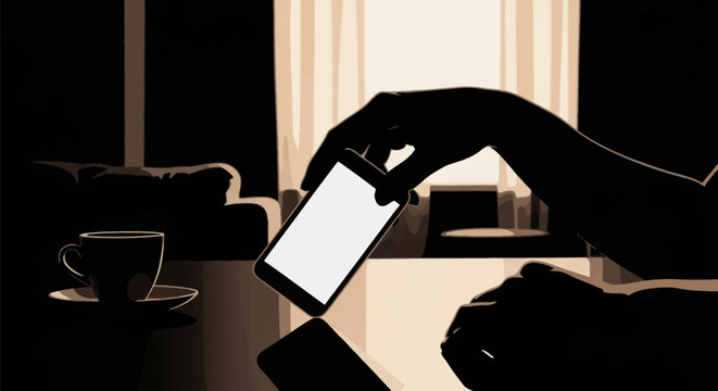 Silhouette of a hand placing a smartphone with a glowing white screen face down on a reflective surface next to a cup of coffee in a high-contrast vector illustration style.