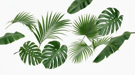 Fototapeta premium Tropical green leaves collection on white background, monstera and palm leaf arrangement, exotic jungle foliage for summer design