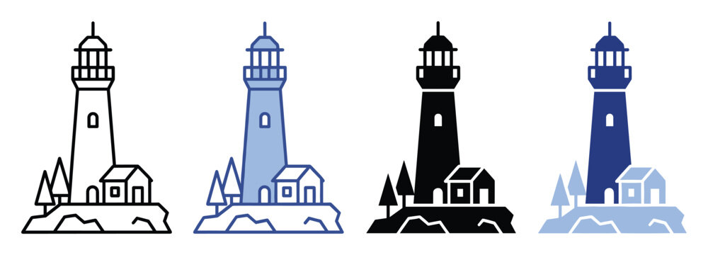 Lighthouse scene icon set featuring beacon tower, small house, and pine trees on a rocky shore for navigation or coastal themes