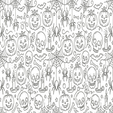 Halloween seamless pattern with pumpkins skulls and candles