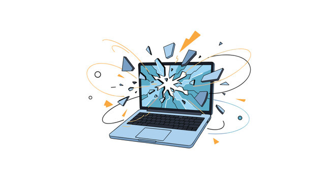 Laptop computer with a shattered screen and flying glass shards represents technological failure and broken electronics concepts.