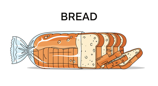 Loaf of white sliced bread is partially wrapped in plastic with several slices falling forward next to the word Bread in bold letters.