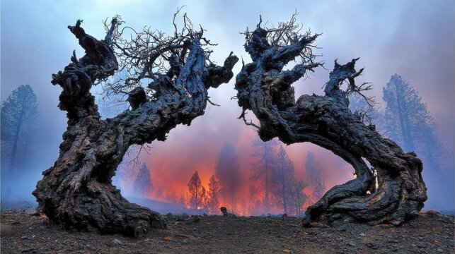 Charred Twisted Trees Frame Wildfire Inferno at Dusk, Dramatic Natural Disaster Scene