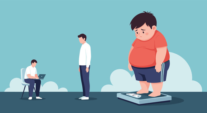 Illustration depicting the struggle with obesity featuring an overweight man on a scale while others stand nearby in a fitness comparison scene.