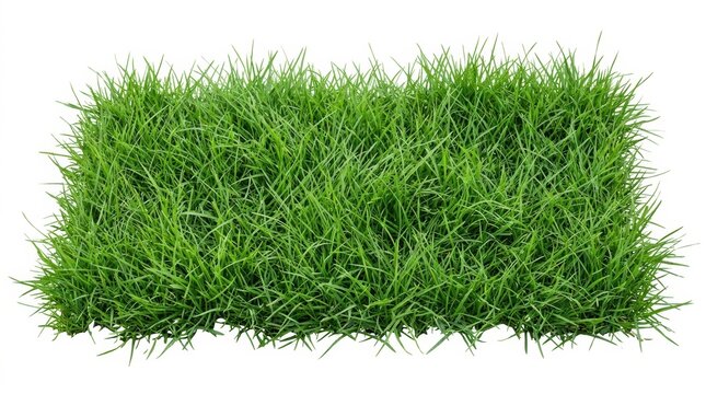 Vibrant green grass patch isolated on white background, lush rectangular sod turf sample, fresh organic lawn texture for landscaping and garden design