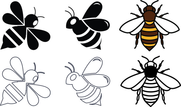 Collection of black and white bee icons with simple outlines and detailed graphics.