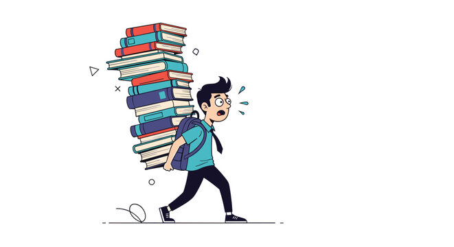Stressed student walking while carrying a massive stack of colorful books on his back in a funny cartoon style.