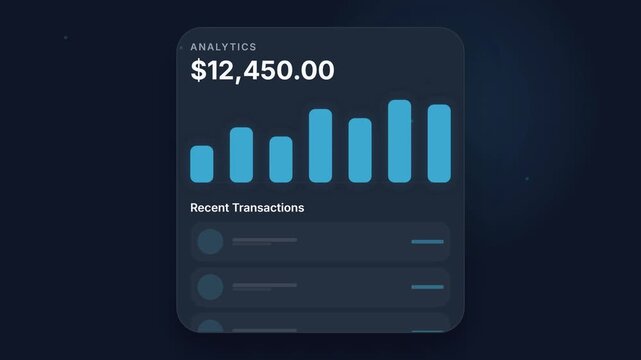 Animated financial dashboard showing analytics and recent transactions on screen.