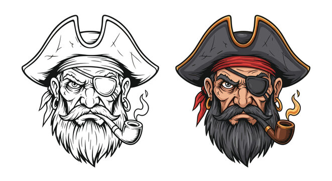 Detailed illustration of an old pirate captain with a beard and eye patch in both line art sketch and color versions.