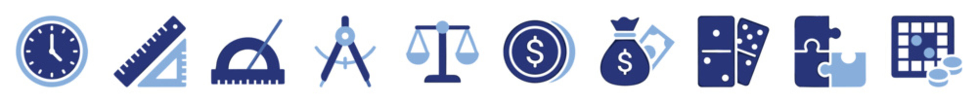 Essential education tools, financial symbols, and game icons for learning or business concepts