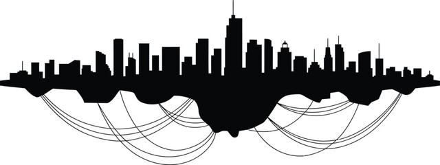 Obraz premium Floating urban cityscape silhouette with many buildings connected by abstract wires vector