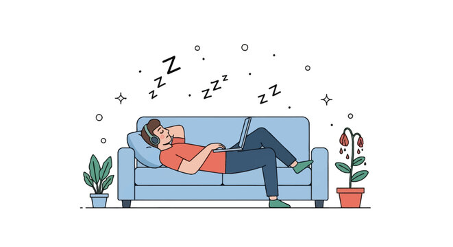 Vector illustration of a man sleeping on a blue couch while holding a laptop, wearing headphones, and surrounded by plants and floating z symbols on a plain white background.