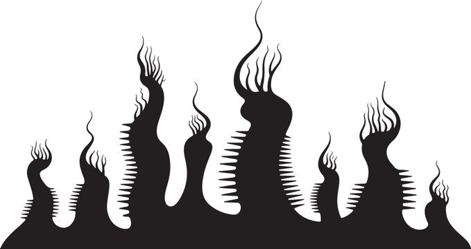 Spiky alien plant silhouettes in a row of 8 organic abstract creature shapes vector border