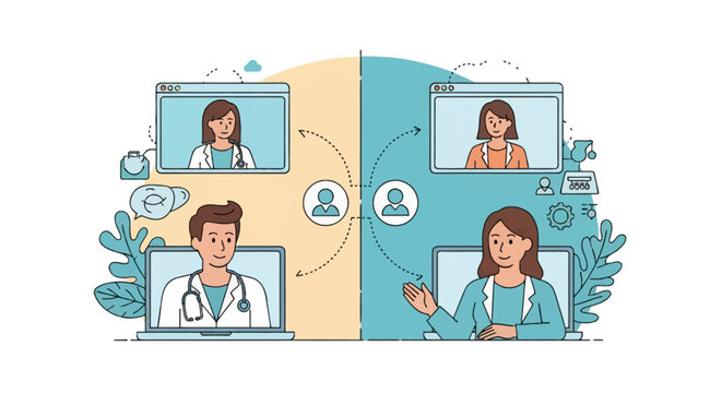 Vector illustration showing a split-screen view of male and female doctors conducting online medical consultations via laptops and browser windows for telemedicine services.