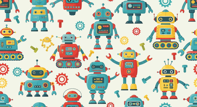 Colorful robots and tools seamless pattern