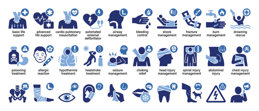 Essential emergency first aid and healthcare treatment icons for medical information and safety guides
