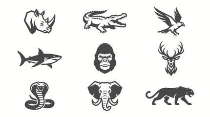 Fototapeta premium Vector animal logo collection featuring rhino crocodile eagle shark gorilla deer cobra elephant and panther silhouettes on white.