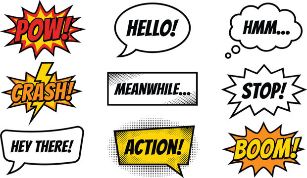 Assortment of comic book sound effect words and speech balloons for dynamic advertising and engaging graphic novel panel compositions.